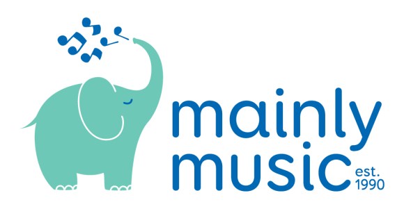 Blue Elephant on the left hand side blowing musical notes through trunk and logo on the right says Mainly Music est. 1990